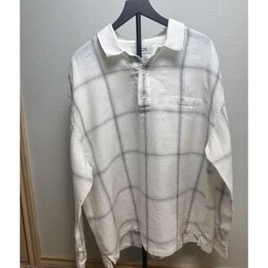 COS Oversized Linen Polo Shirt XL White Grey Windowpane Placket Long Sleeve Mens